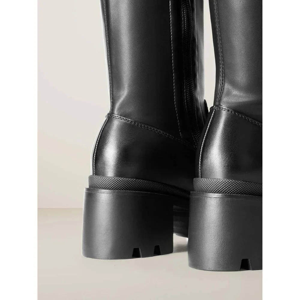 Women's Black-pu Faux Leather Knee High Over The Knee High Chunky Heel Boots - Picture 4 of 7
